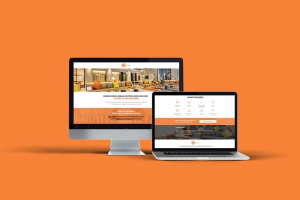 Desktop and laptop displaying a website on an orange background