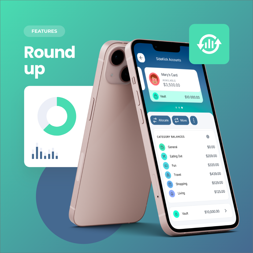 Promotional graphic with a phone showing finance app round-up savings and charts on teal background
