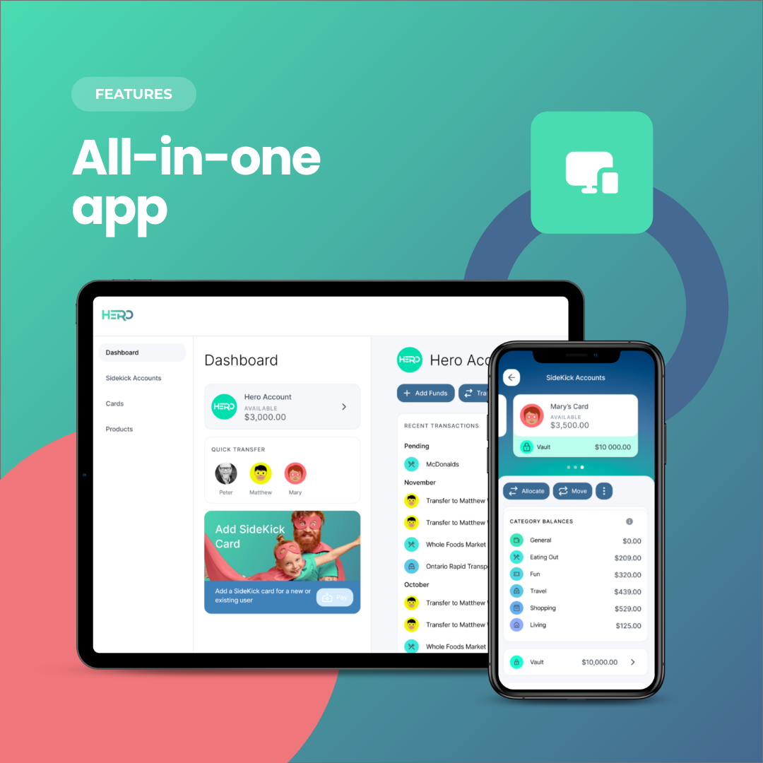 Promotional graphic for an all-in-one app on tablet and smartphone with teal background