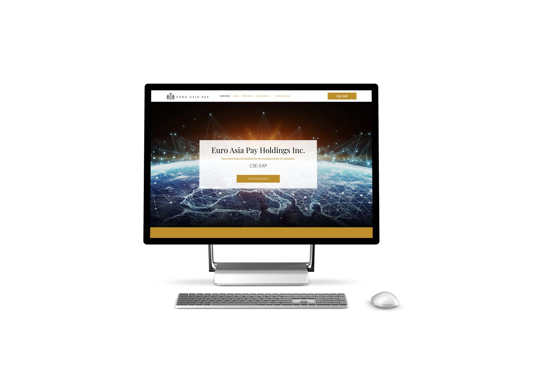Desktop computer with keyboard and mouse displaying a website on screen