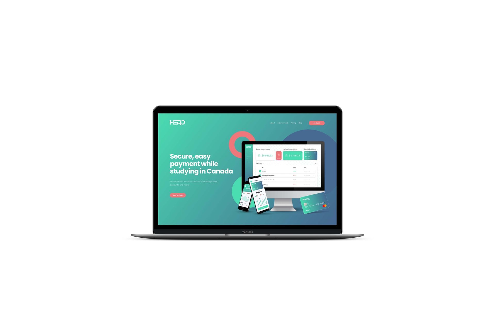 Laptop displaying a teal website mockup with a person illustration and a monitor on screen