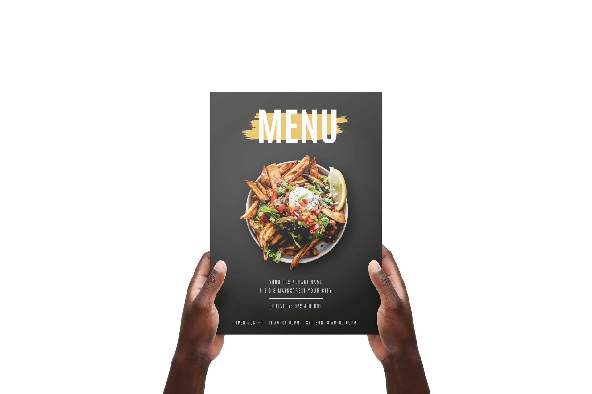 Hands holding a dark restaurant menu with a food bowl photo on the cover and the word “MENU” at top.