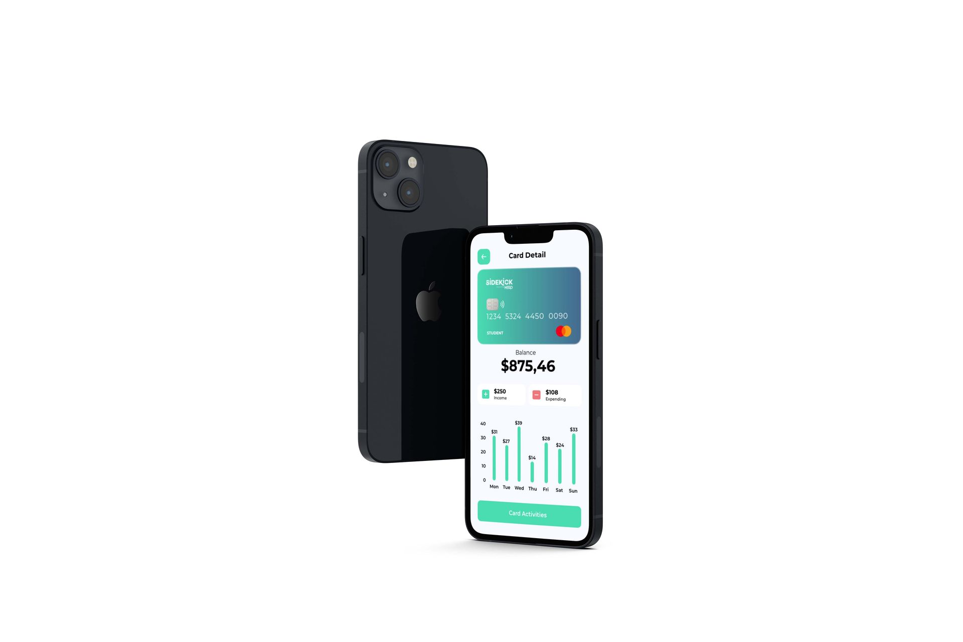 Two smartphones, front phone showing a health dashboard, back phone in black case.