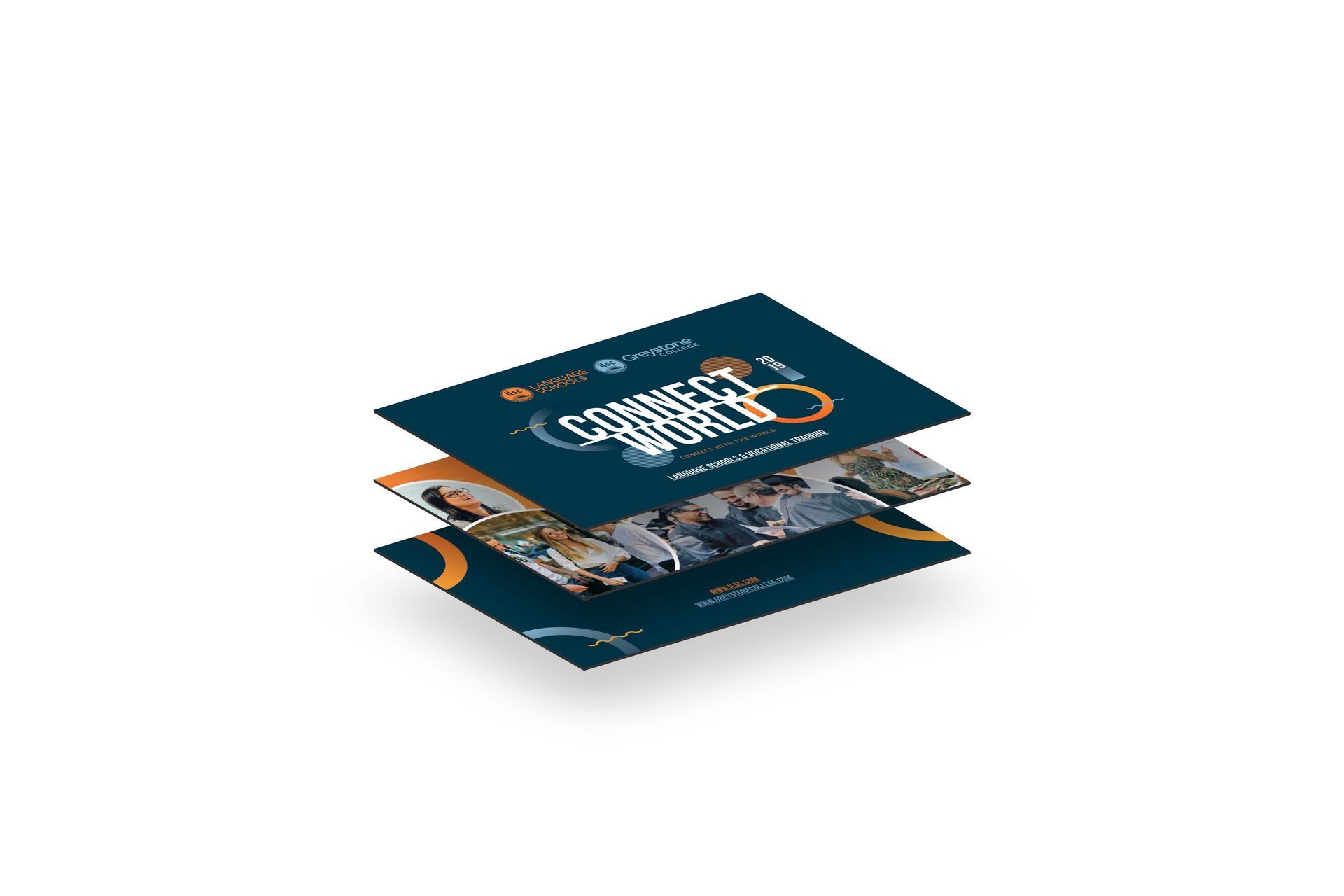 Stacked blue promotional brochures with an orange-and-white city skyline graphic on a white background