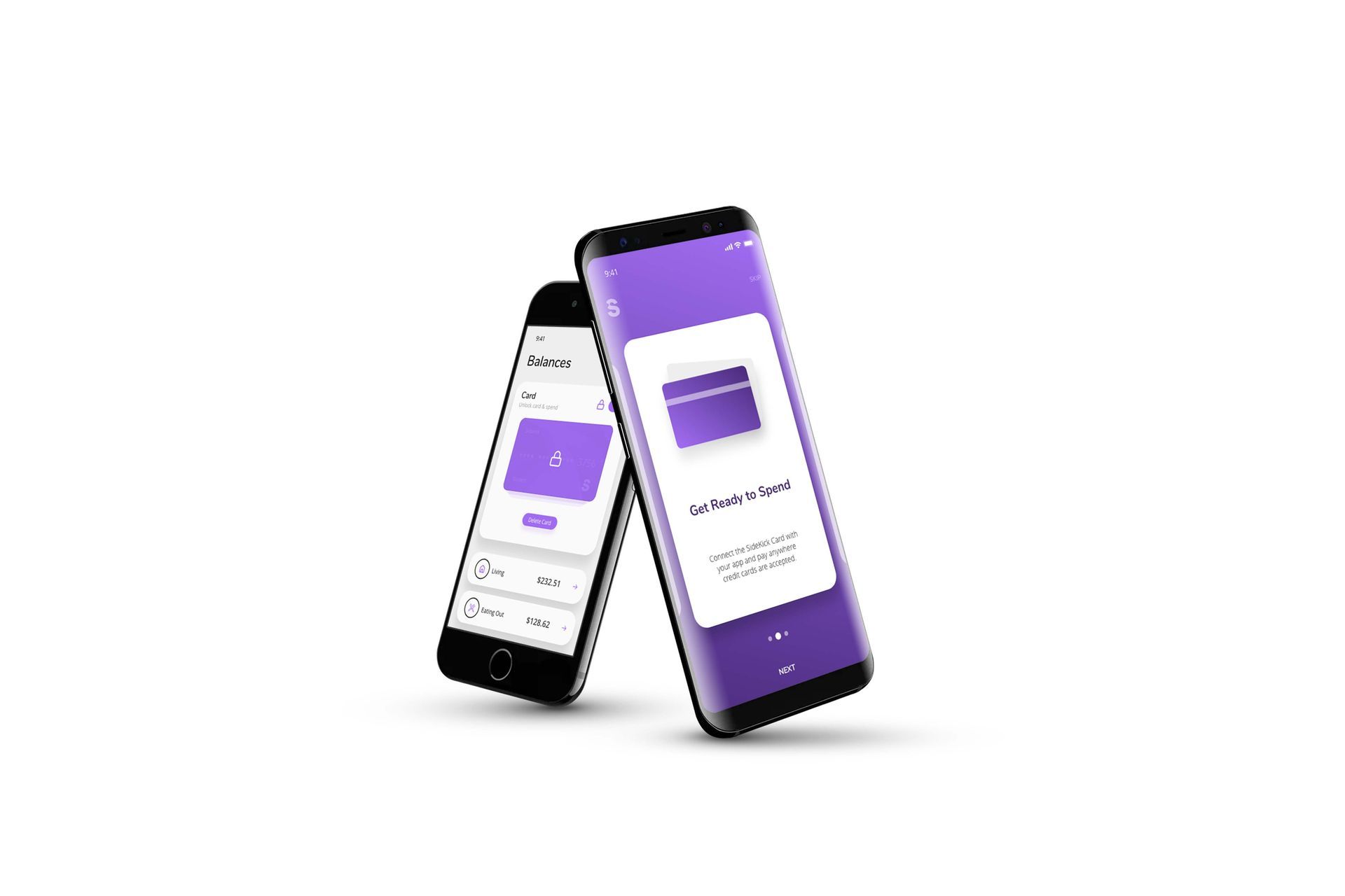 Two smartphones displaying a purple app login screen, leaning together on a white background