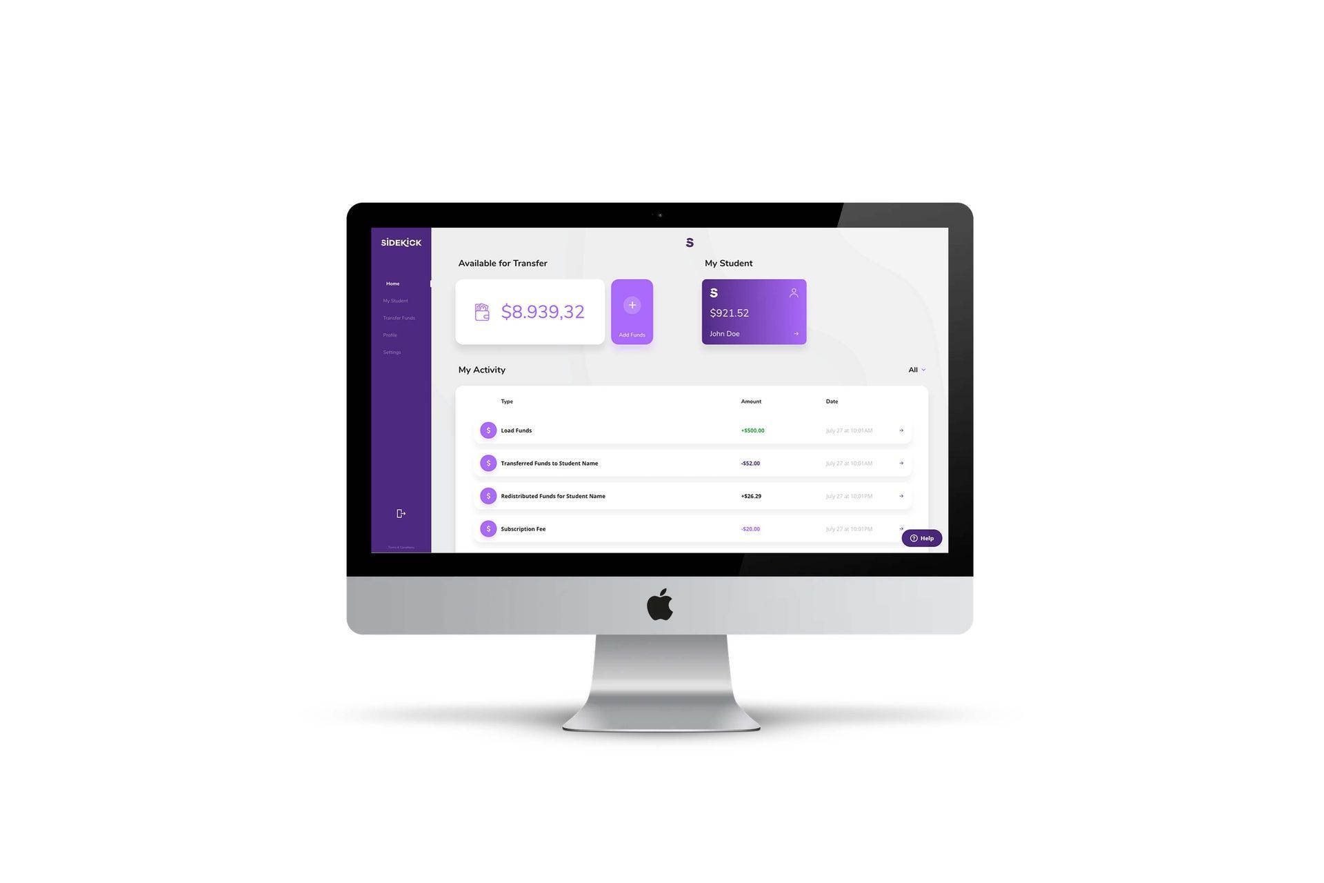 Desktop monitor showing a purple dashboard-style app interface with charts and a sidebar