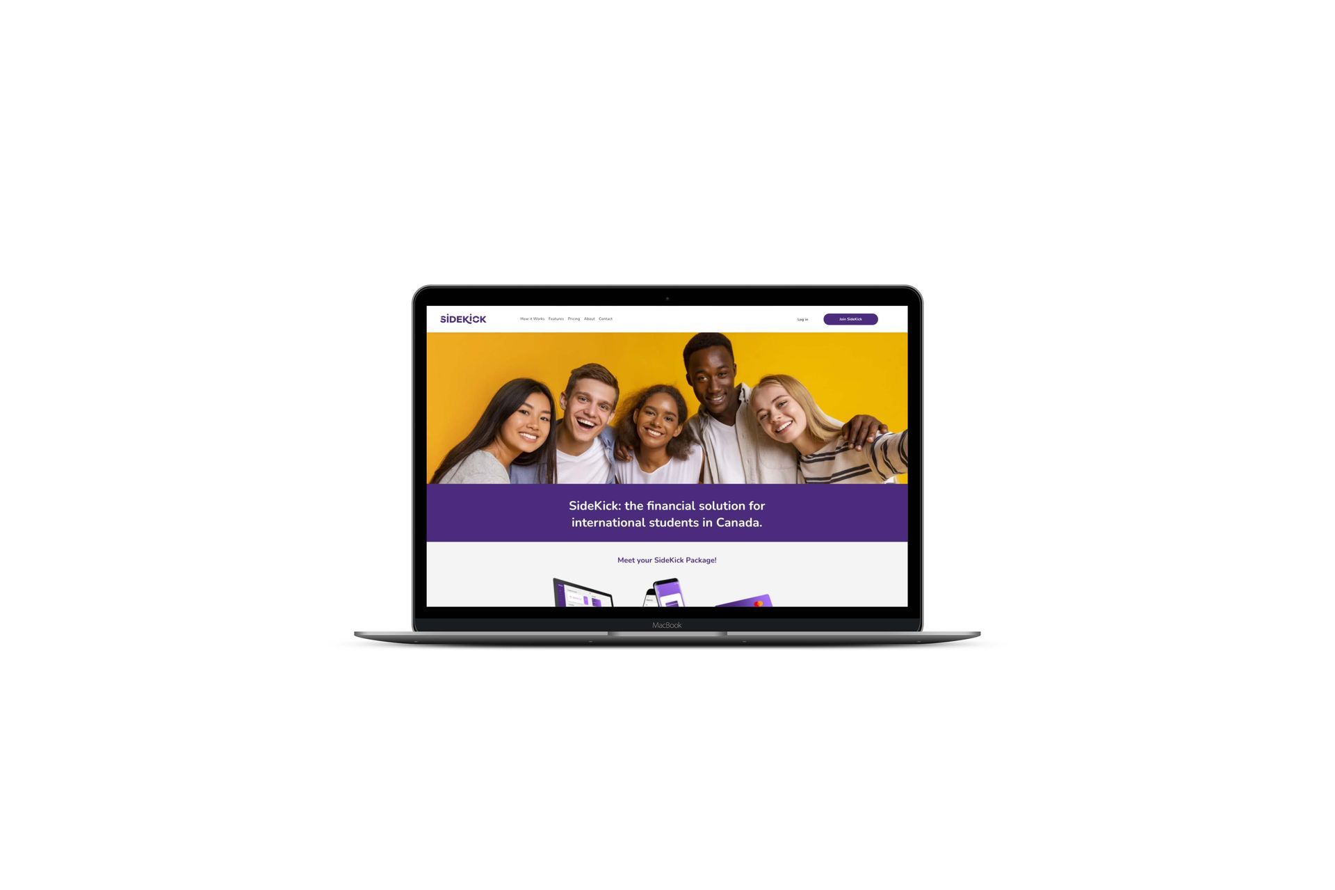 Laptop displaying a website with a group photo on a yellow banner and purple navigation bar