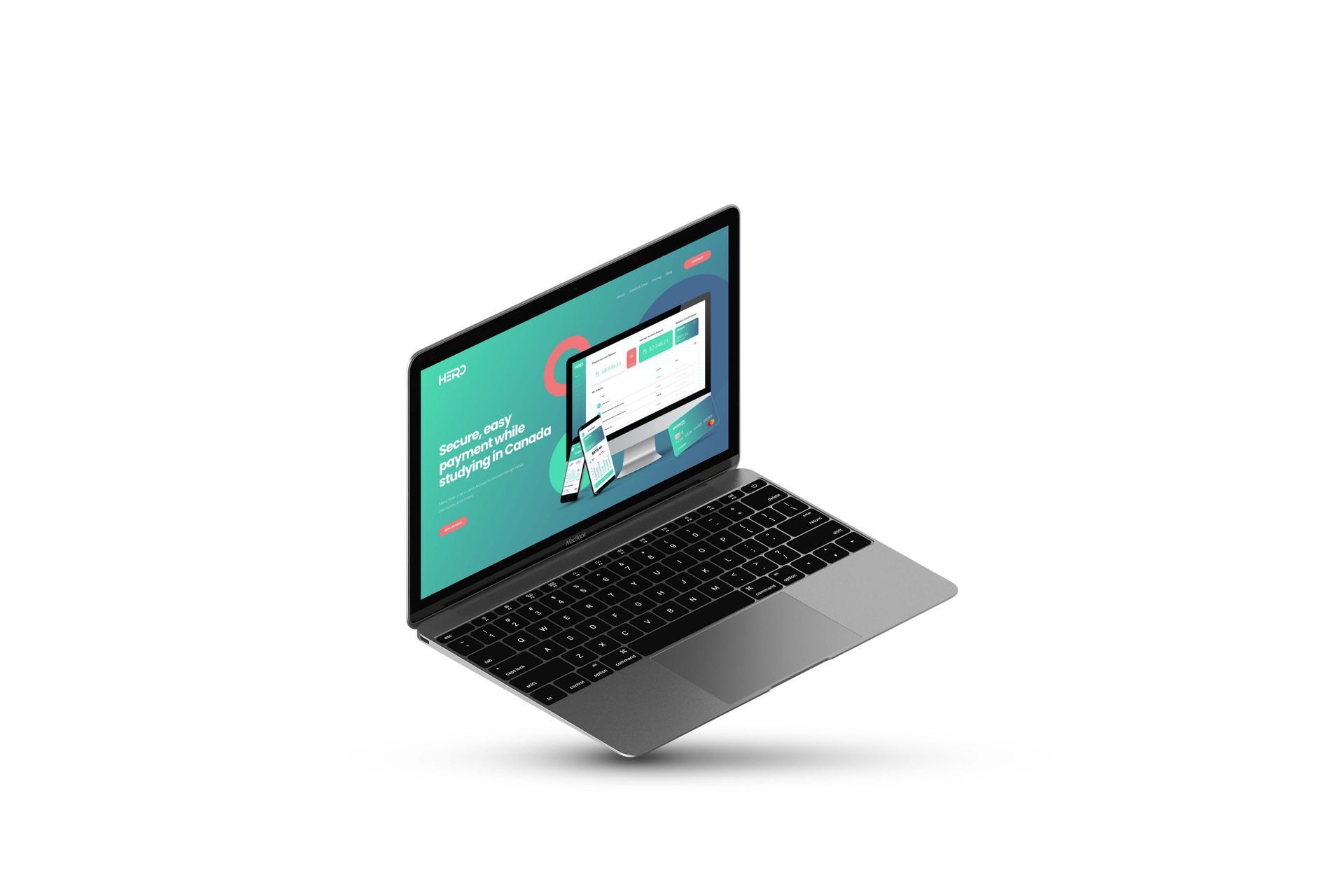 Laptop with a teal screen displaying a web design interface on a white background