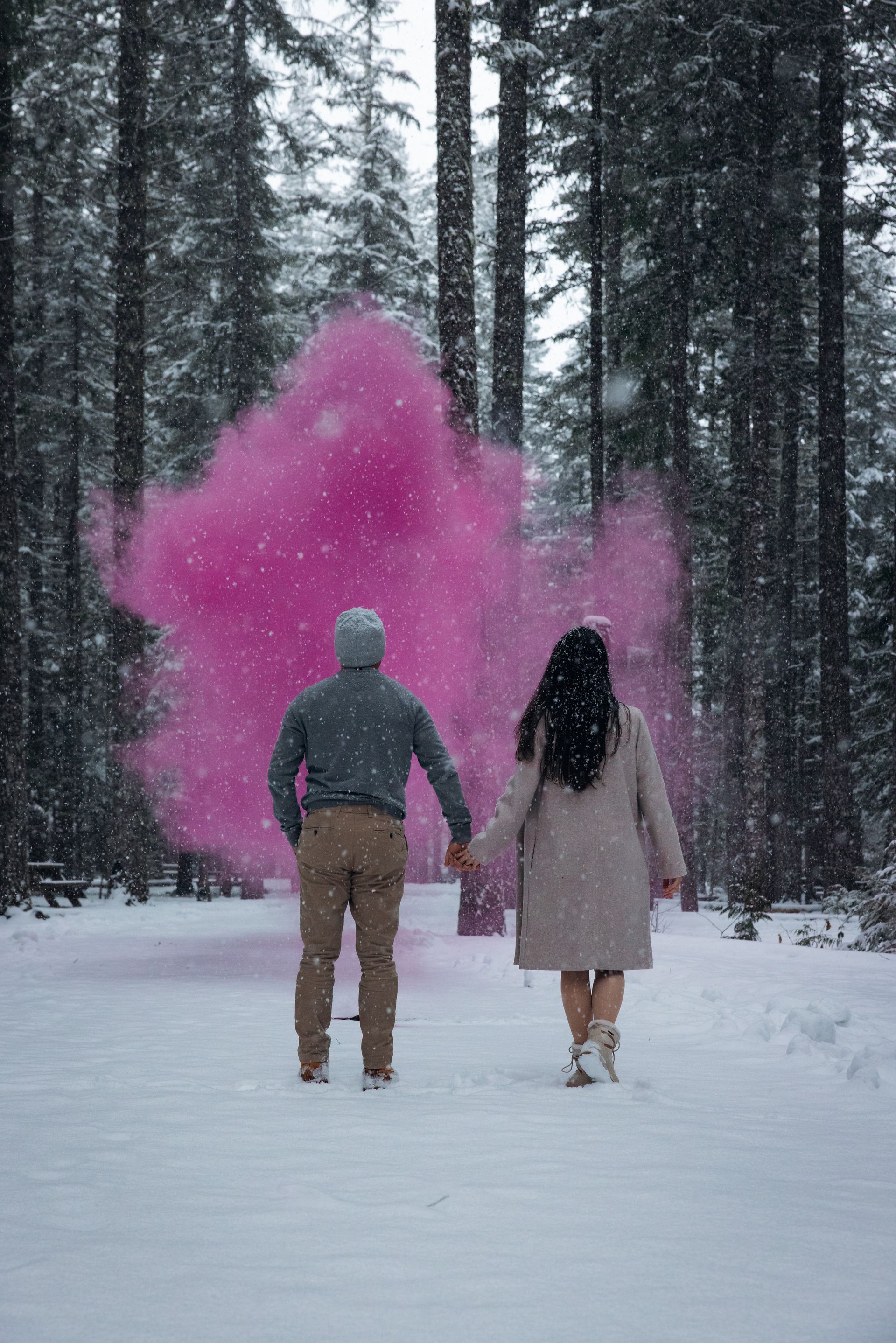 Two people walk through a snowy forest beside a bright pink smoke cloud
