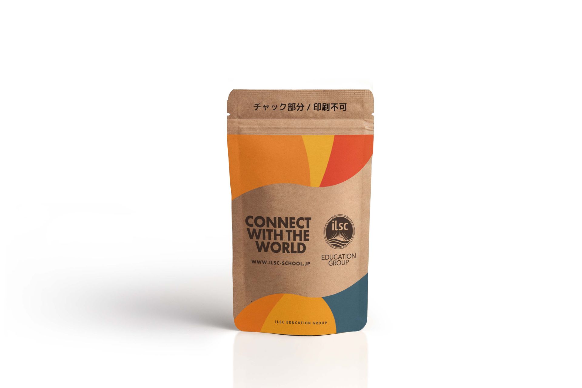 Orange-and-beige coffee package with “Connect With Us” text on a white background