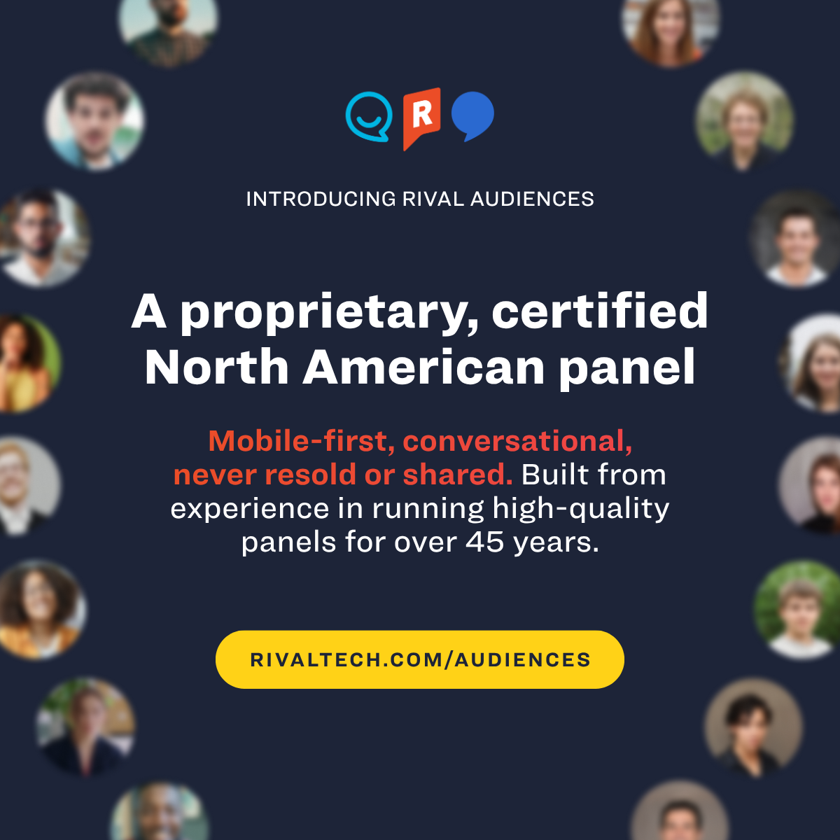 Rival Audiences promo on navy background, with bold white text and yellow website button, surrounded by profile circles