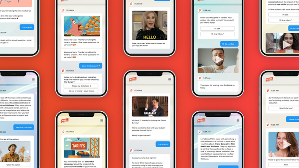 Collage of smartphone app screens showing colorful cards, profile photos, and chat-style content on a coral background