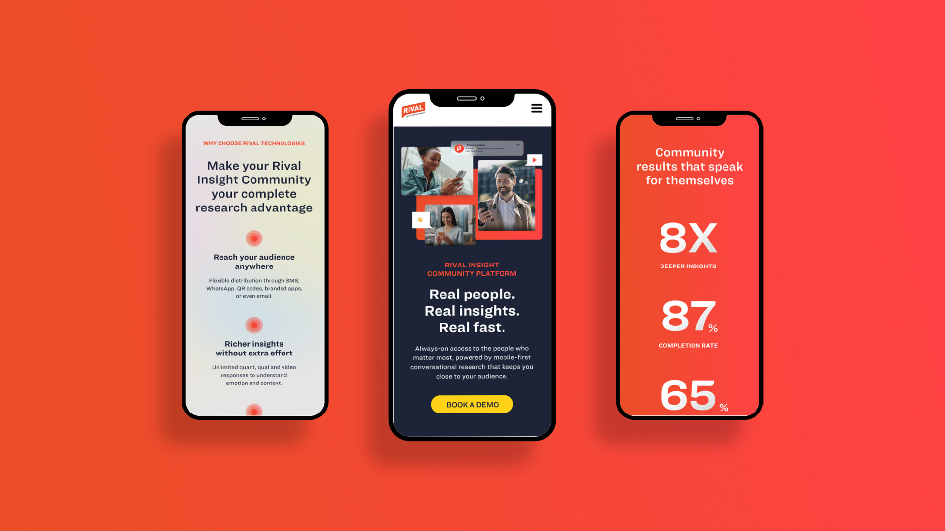 Three smartphone app screens on a red background, showing a white menu, a dark promo page, and red stats.