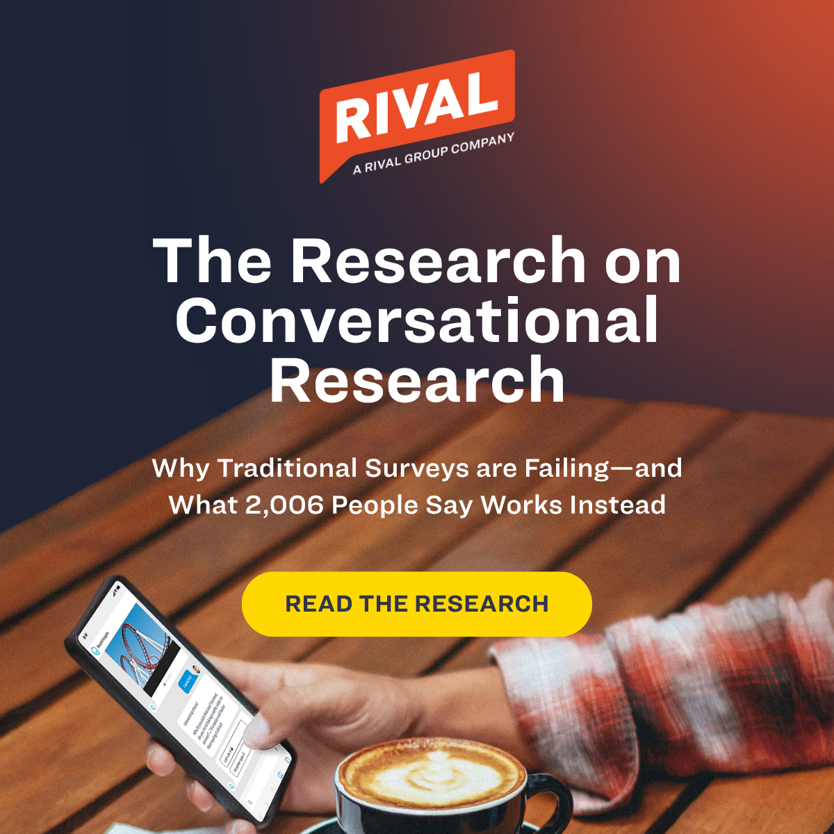 Promotional banner for RIVAL research on conversational research, with phone, coffee, and call-to-action button