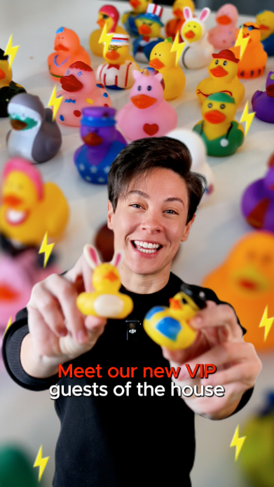 Person holding yellow duck toy, surrounded by colorful rubber ducks, with text “Meet our new VIP guests of the House”