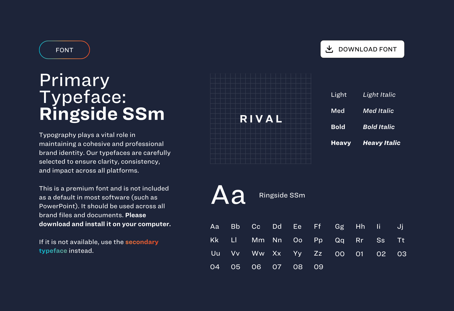 Typography layout for Ringside SSm on a dark navy background with font samples and a grid pattern