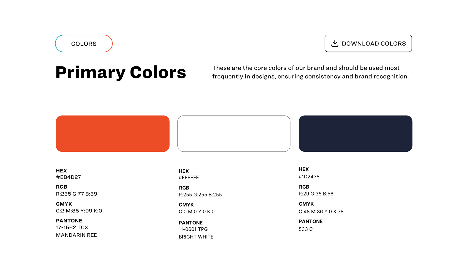Primary Colors style guide with orange, white, and navy swatches and labels