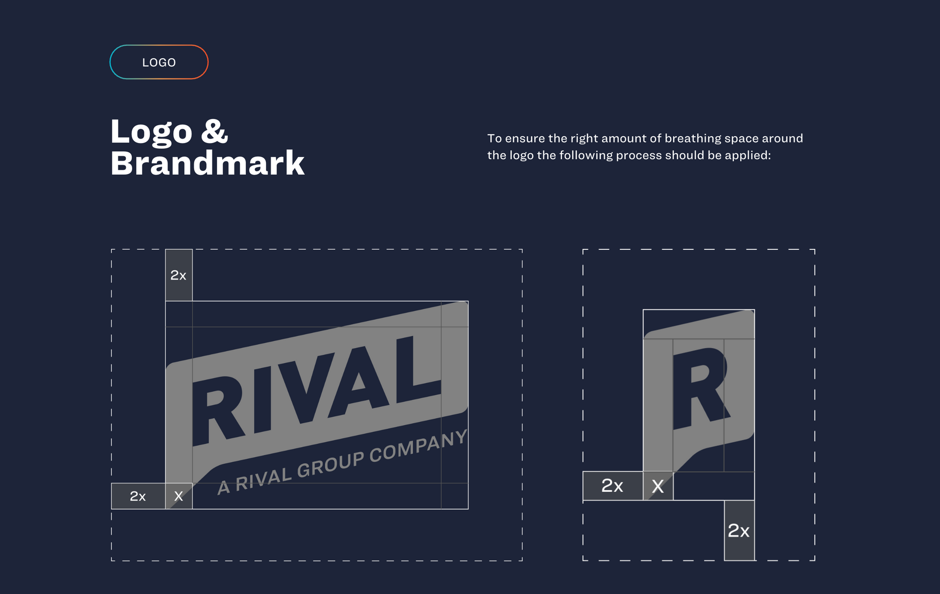 Logo and brandmark guideline slide showing RIVAL logo and an R icon on a dark background