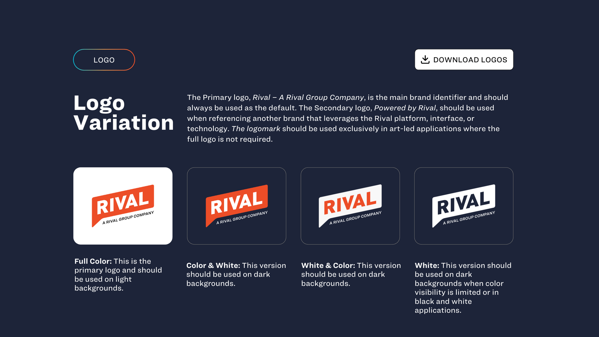 Logo variation layout showing the “RIVAL” logo in four color and background versions.