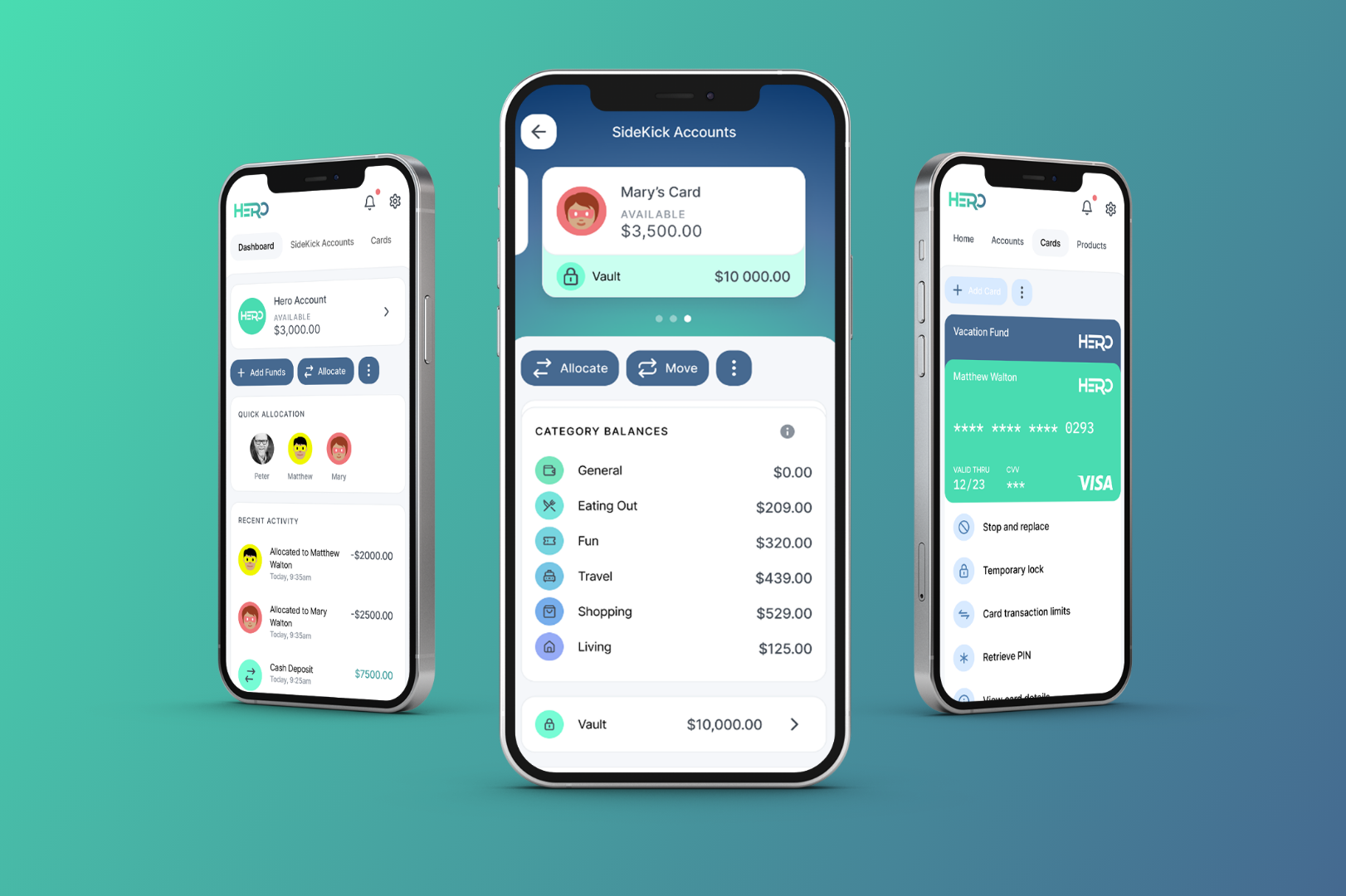 Three smartphones displaying a finance app interface on a teal background