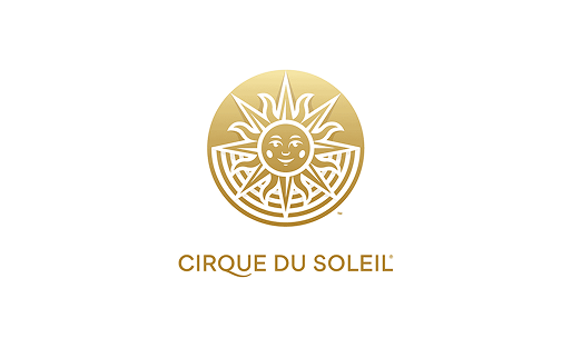 Gold Cirque du Soleil logo with stylized sun face and text on a white background