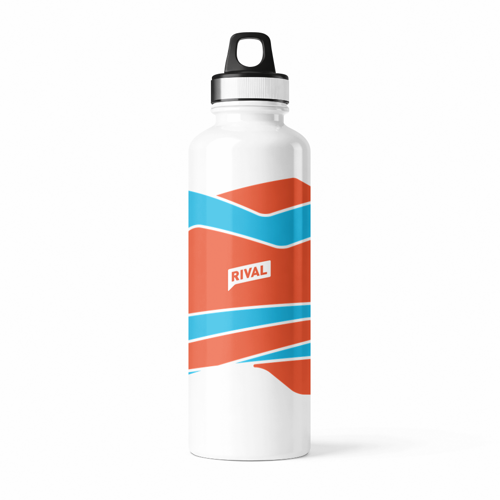 White water bottle with black cap and orange-blue label reading “RIVAL”