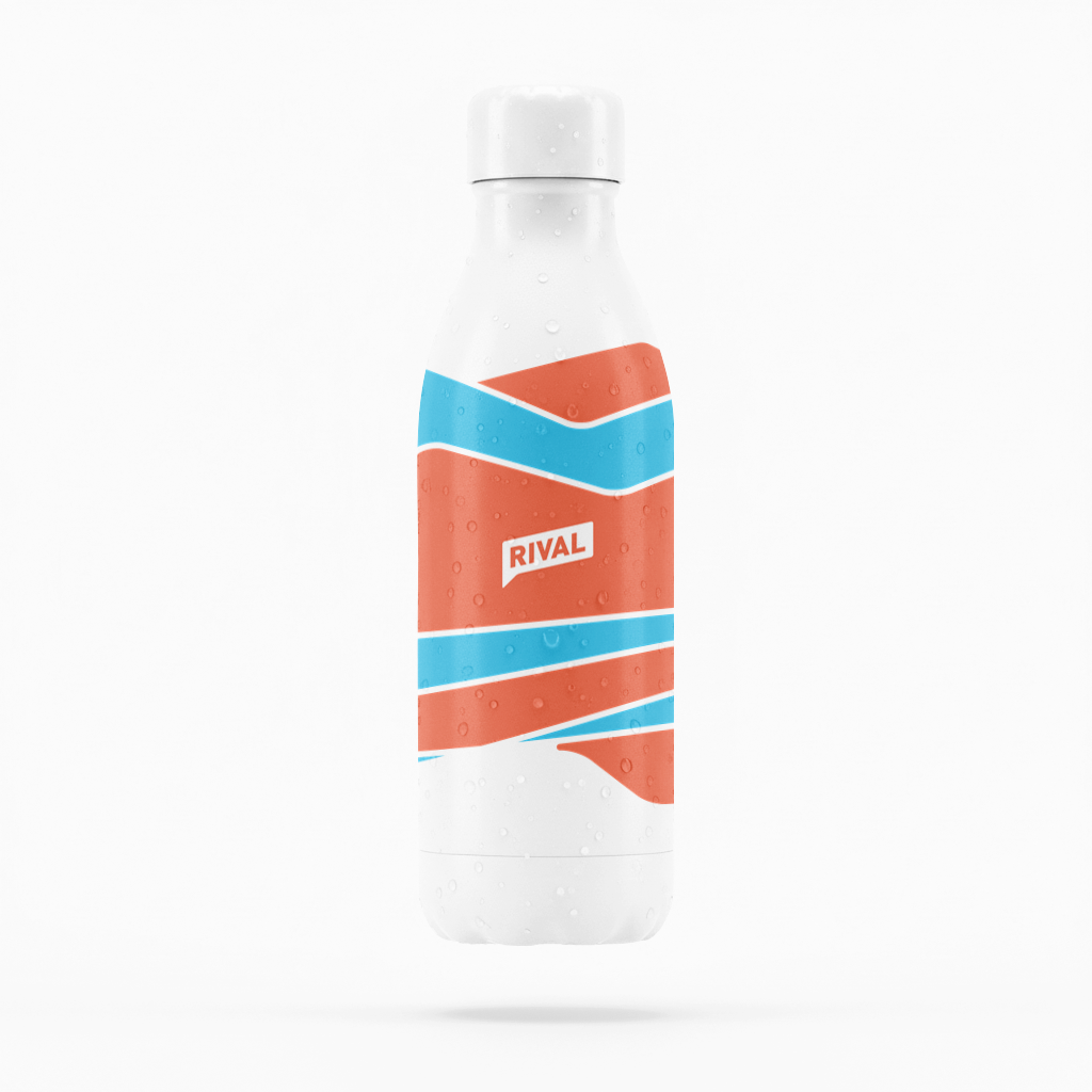 White plastic bottle with orange and blue label on a white background