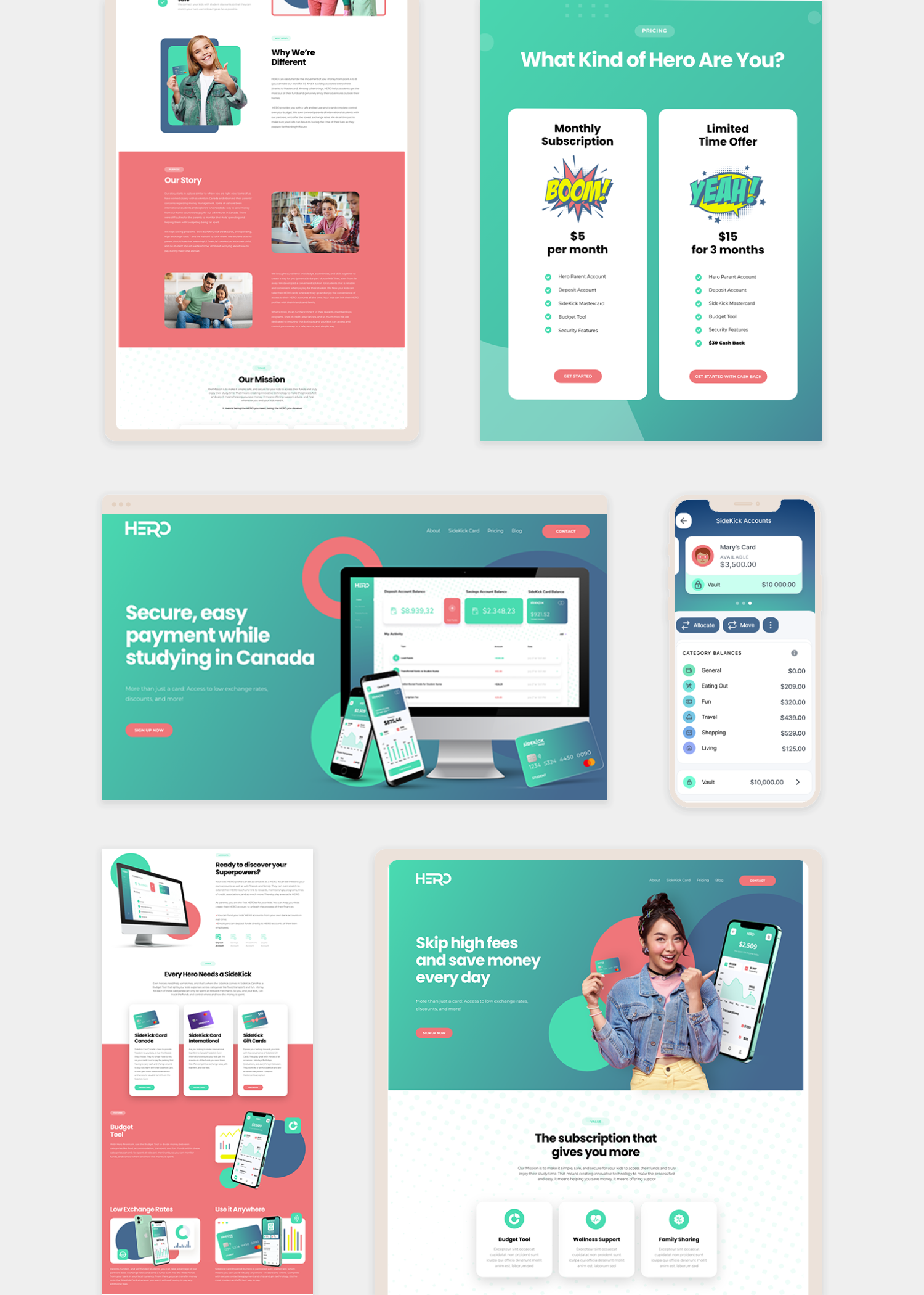 Collage of pastel teal and pink website mockups with charts, cards, and app screens on a white background