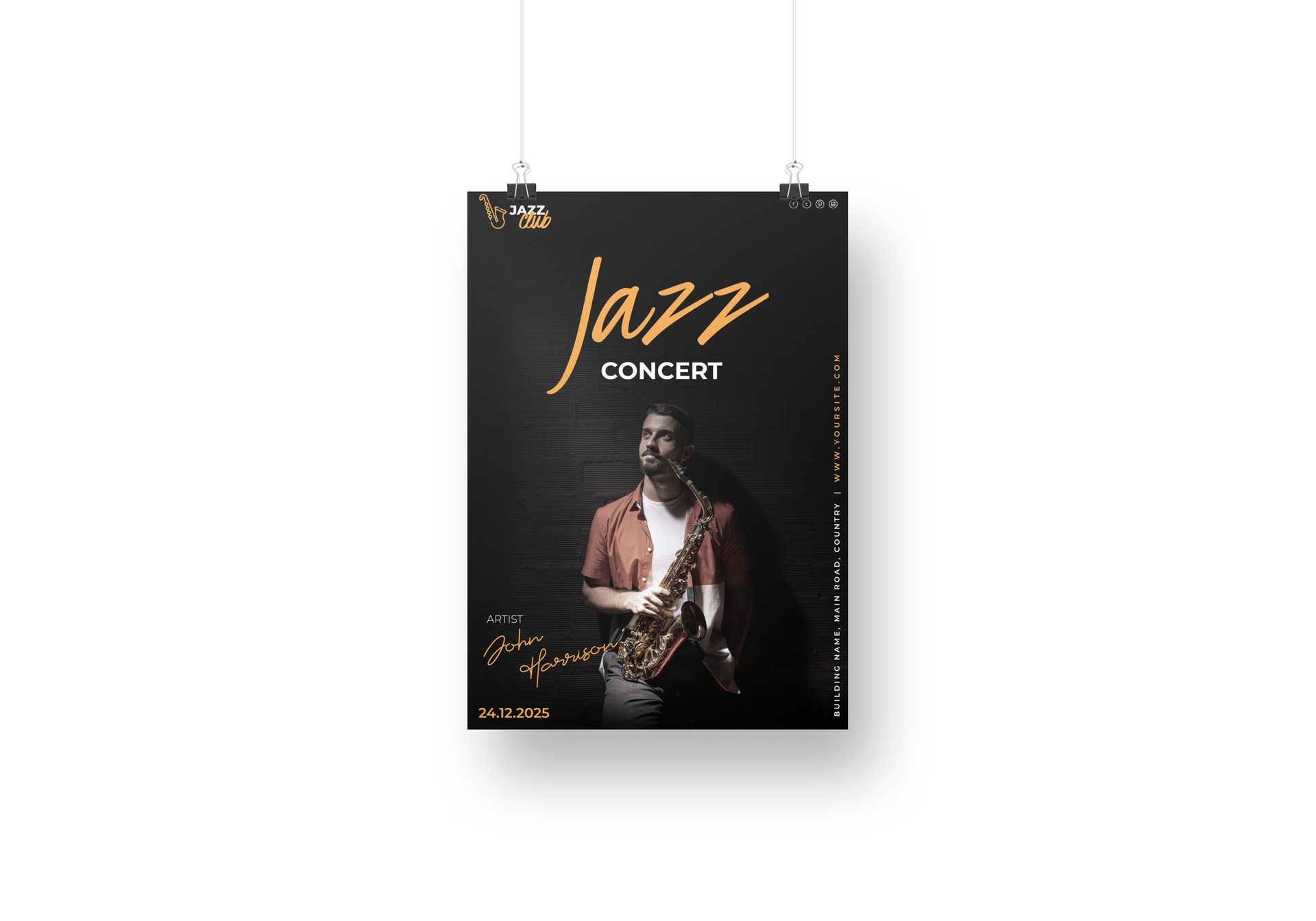 Jazz concert poster with a saxophonist on a dark background and gold title text
