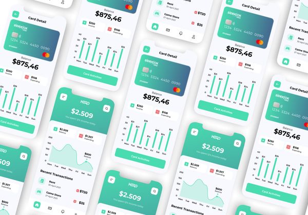 Teal finance app dashboard mockups with charts, balances, and analytics cards on a white background