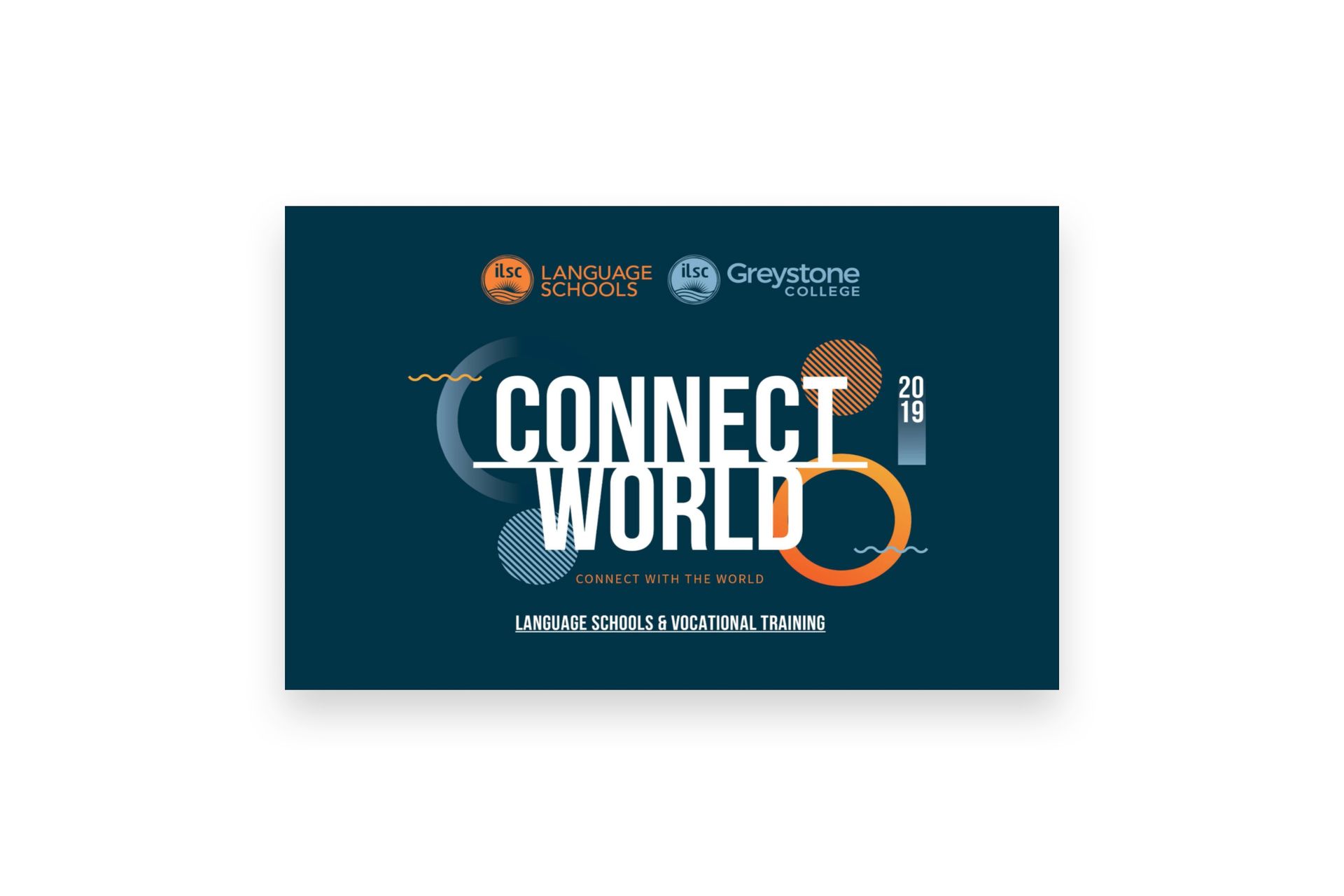 Dark teal event poster reading “CONNECT WORLD” with orange accents and small logos at top
