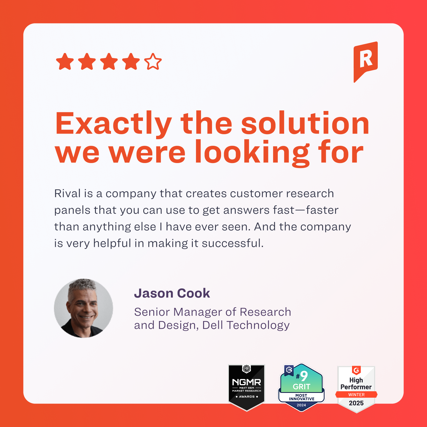 Red testimonial card with 4-star rating and quote about excellent customer research support from Rival.
