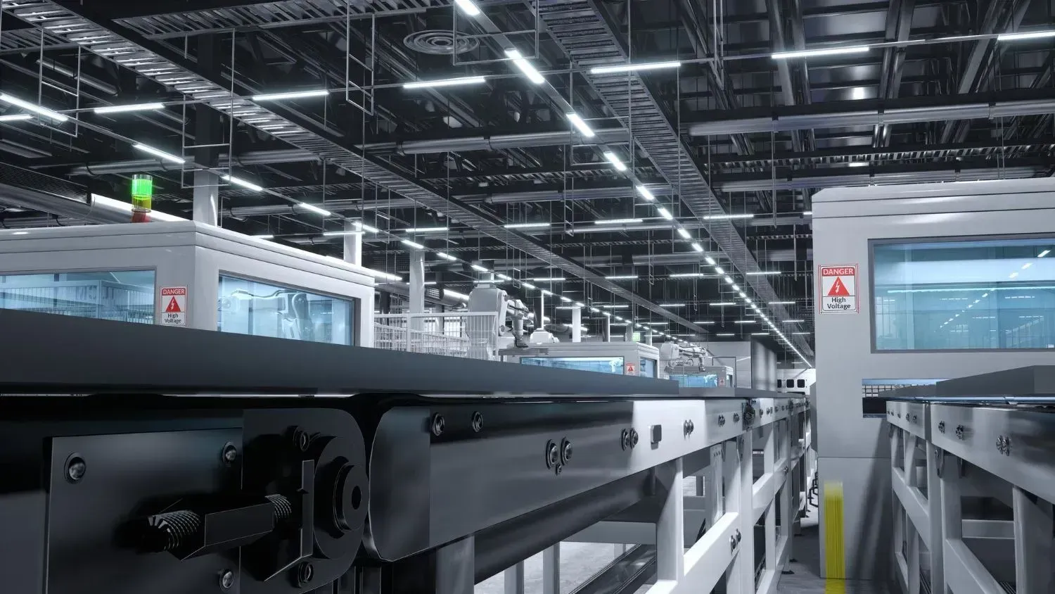 Modern factory interior with automated conveyor machinery under bright overhead lights
