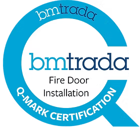 Bmtrada Q-Mark Fire Door Installation certification logo: blue circle with