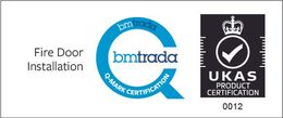 Bmtrada Q-Mark certification for Fire Door Installation; blue and white logo with 