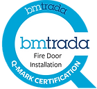 Bmtrada Q-Mark certification for Fire Door Installation; blue and white logo with