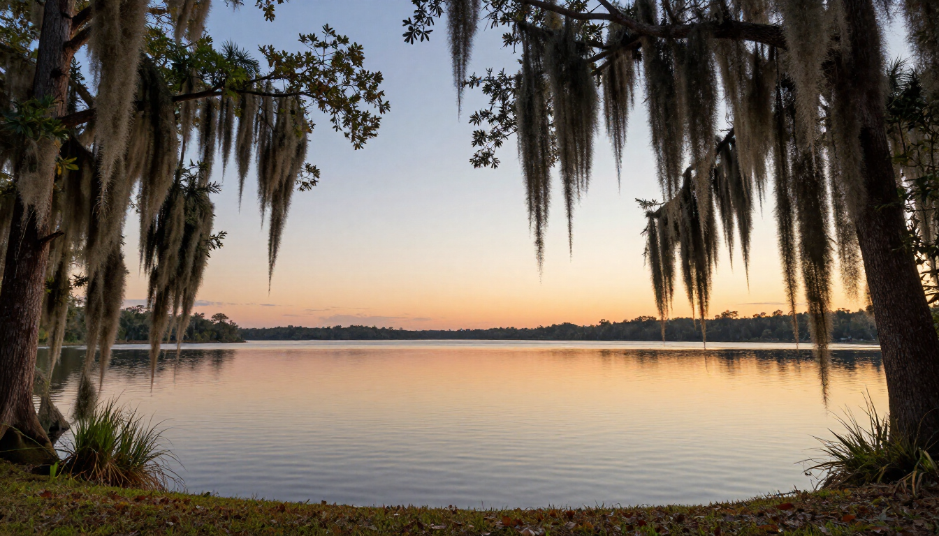 A beautiful sunset over a lake in Frostproof, Florida.