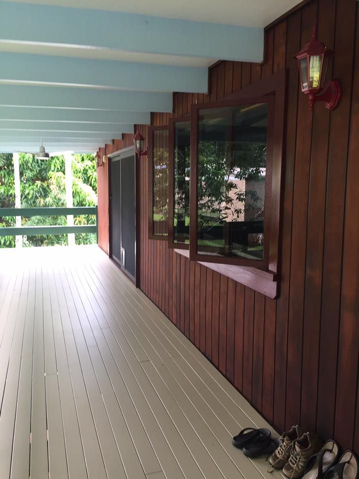 Wood-paneled Porch With Open Windows, White Deck, Blue Ceiling — Pete's Painting Solutions In Cairns, QLD