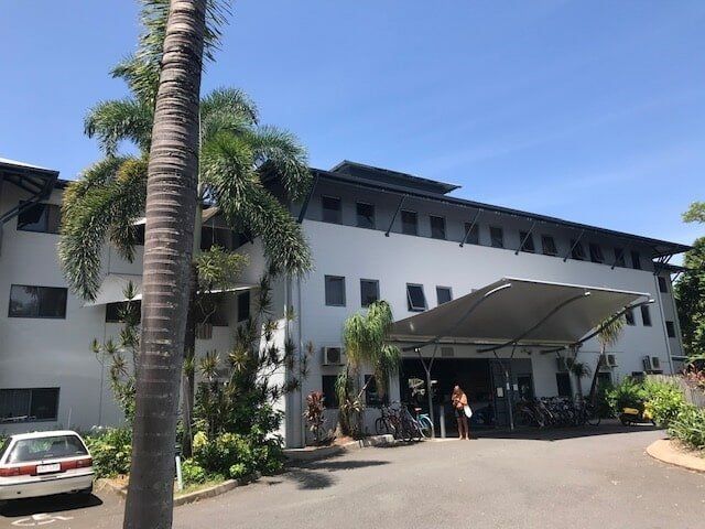 A White Building With A Palm Tree In Front Of It — Pete's Painting Solutions In Cairns, QLD