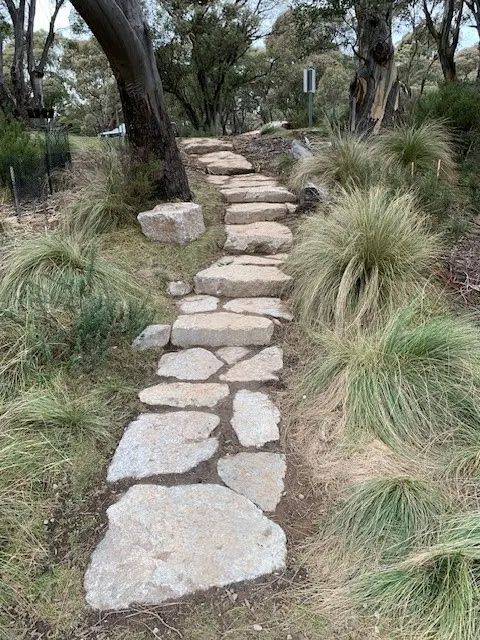 Stone steps winding uphill through a grassy, natural landscape.