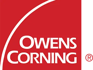 Owens Corning logo: white text on a red background with a white arc.