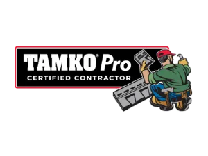 TAMKO Pro Certified Contractor logo: Text with a roofing professional.