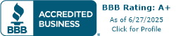 BBB Accredited Business logo, A+ rating as of 6/27/2025.