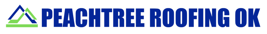Logo for Peachtree Roofing OK, a roofing company. Features a green and blue roof icon and text.