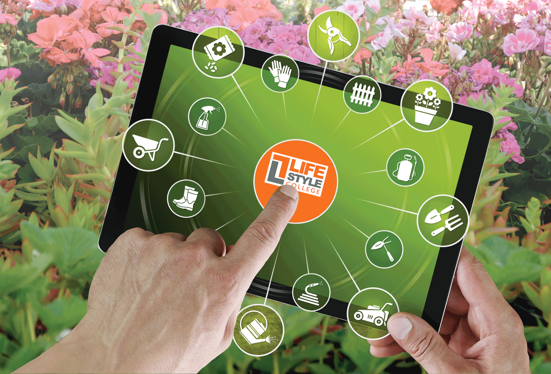 man holding tablet pressing lifestyle logo