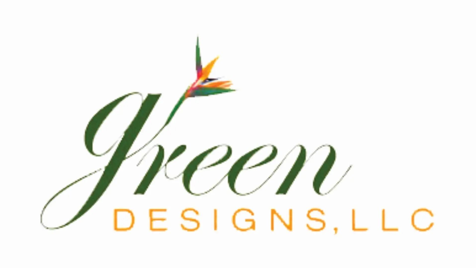 Green Designs, LLC logo with green script text and bird of paradise flower.