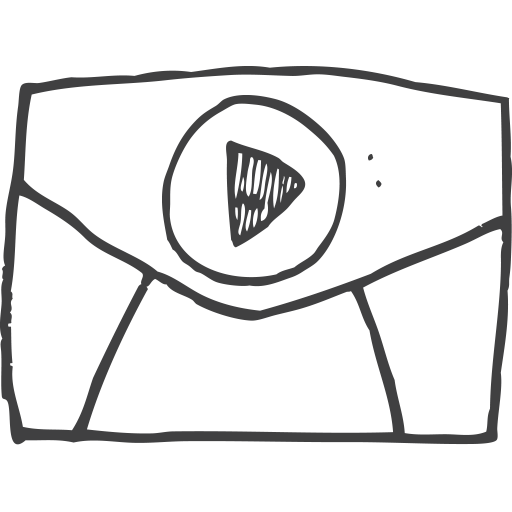 A black and white drawing of an envelope with a play button on it.
