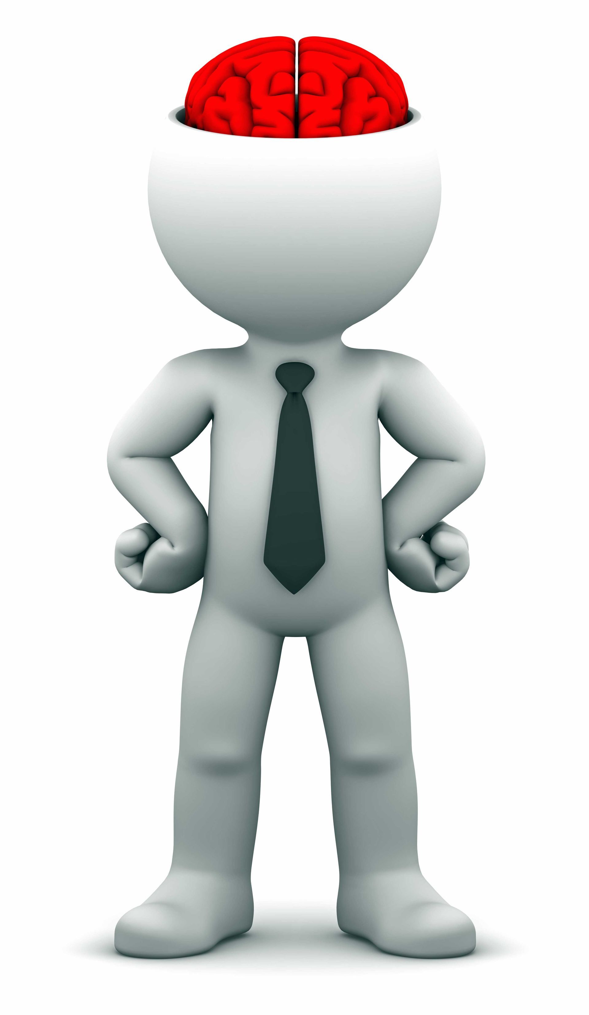 A 3d man with his hands on his hips and a red brain in his head