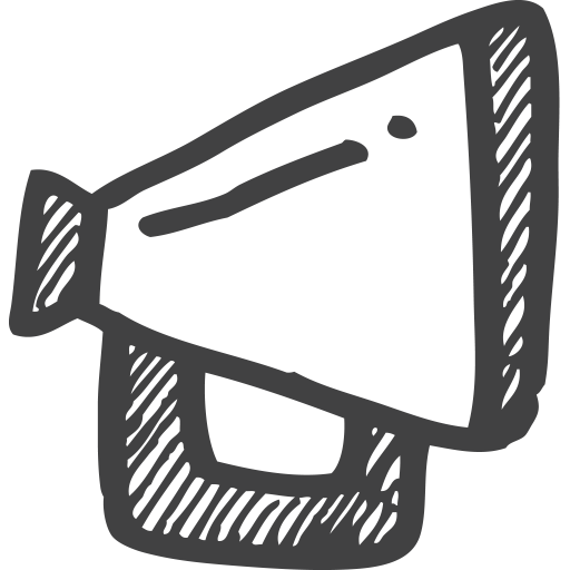 A black and white drawing of a megaphone on a white background.