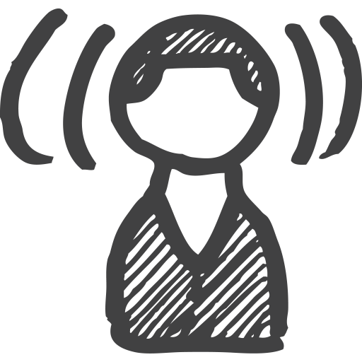 A black and white drawing of a person with brackets around their head.